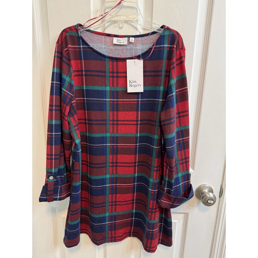 Kim Rogers M Red Blue Holiday Plaid Tunic Roll Tab Sleeves Scoop Neck